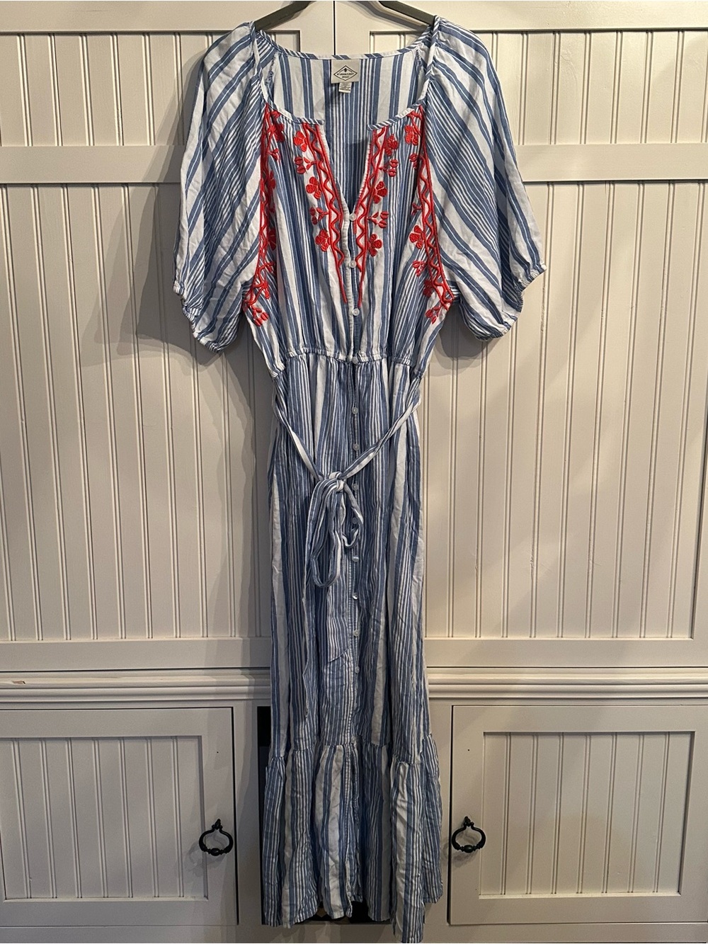 St. John's Bay BlueWhite Striped Maxi Dress w/ Red Embroidered Design Size PXXL